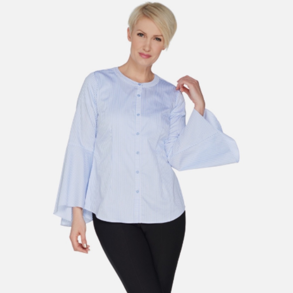Linea by Louis Dell’Olio Blue White Striped Bell Sleeves Button Up Shirt Size 8 - Picture 7 of 7